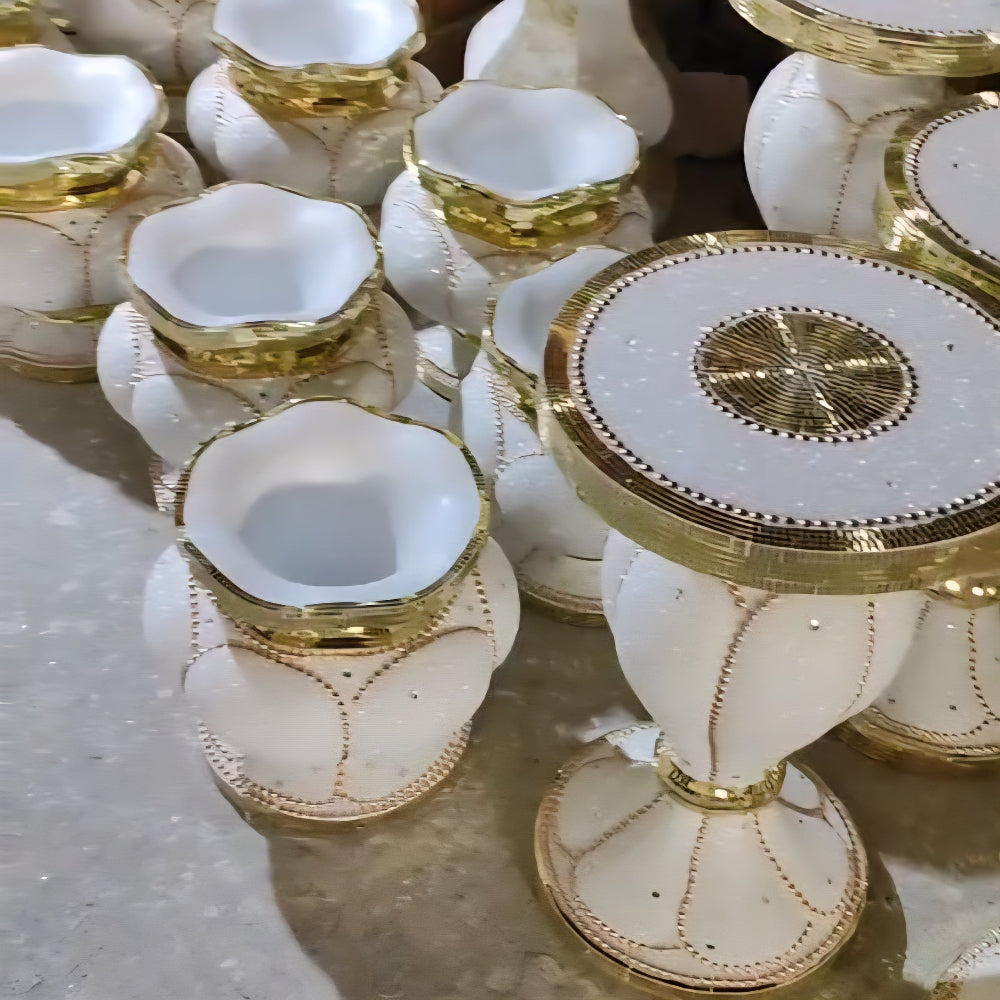 Classy and Modern White and Gold Stand and Pot Decorative Resin Vase Available at RBM Classic Home