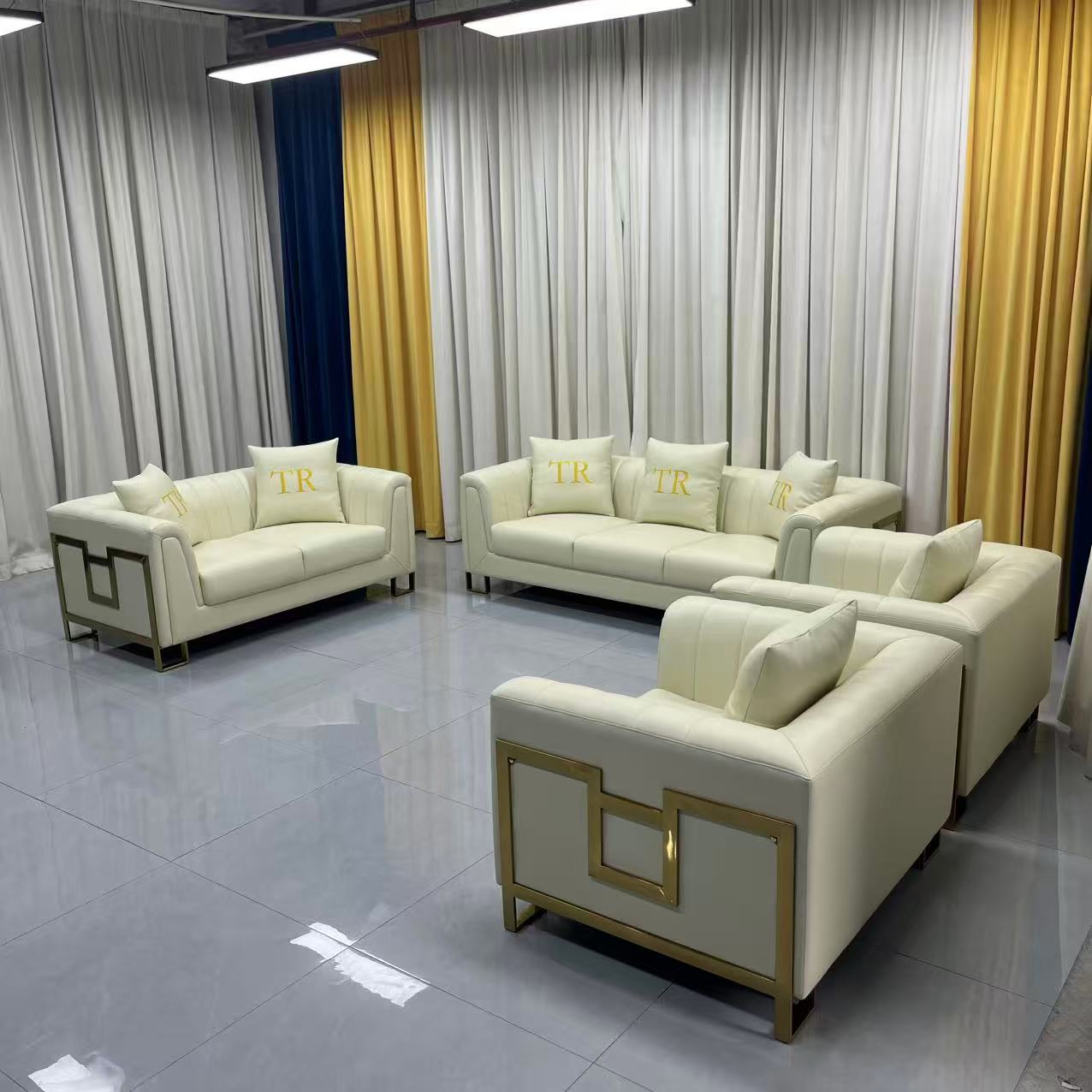 Luxury Beige Leather Sofa Set