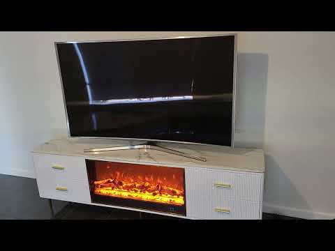 Classy Modern White MDF Material with Bronze Stainless Steel Frame and Black White Marble TV Cabinet with a Fireplace Reflector and a Remote
