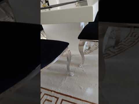 Elegant and Classy Versace Marble Dining Table With GG Black Velvet Dining Room Chairs with Silver Stainless Steel Frame