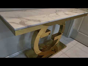 Modern and Classy GG Style White Grey Marble Hallway Console Table in Gold Stainless Steel Frame. RBM Classic Home, Exclusive Quality Furniture at Affordable Prices. An Online Family-Owned and Operated Furniture Store