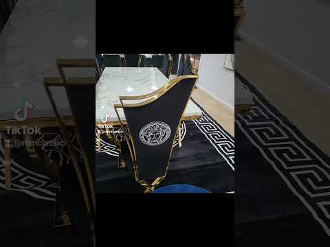 Modern White-Grey Marble Top Dining Table with 8 Black Velvet Versace Dining Room Chairs in Gold Stainless Steel frame