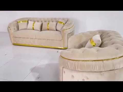 Luxury, Stylish and Comfortable Sofas / Couches in Cream Holland Velvet Material with Golden trims