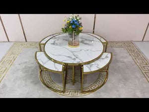 Modern Circle / Round Nested White Grey Marble Coffee Tables, 5 pieces in Gold Stainless Steel Material on Frames. The set includes one large table and four small nesting coffee tables
