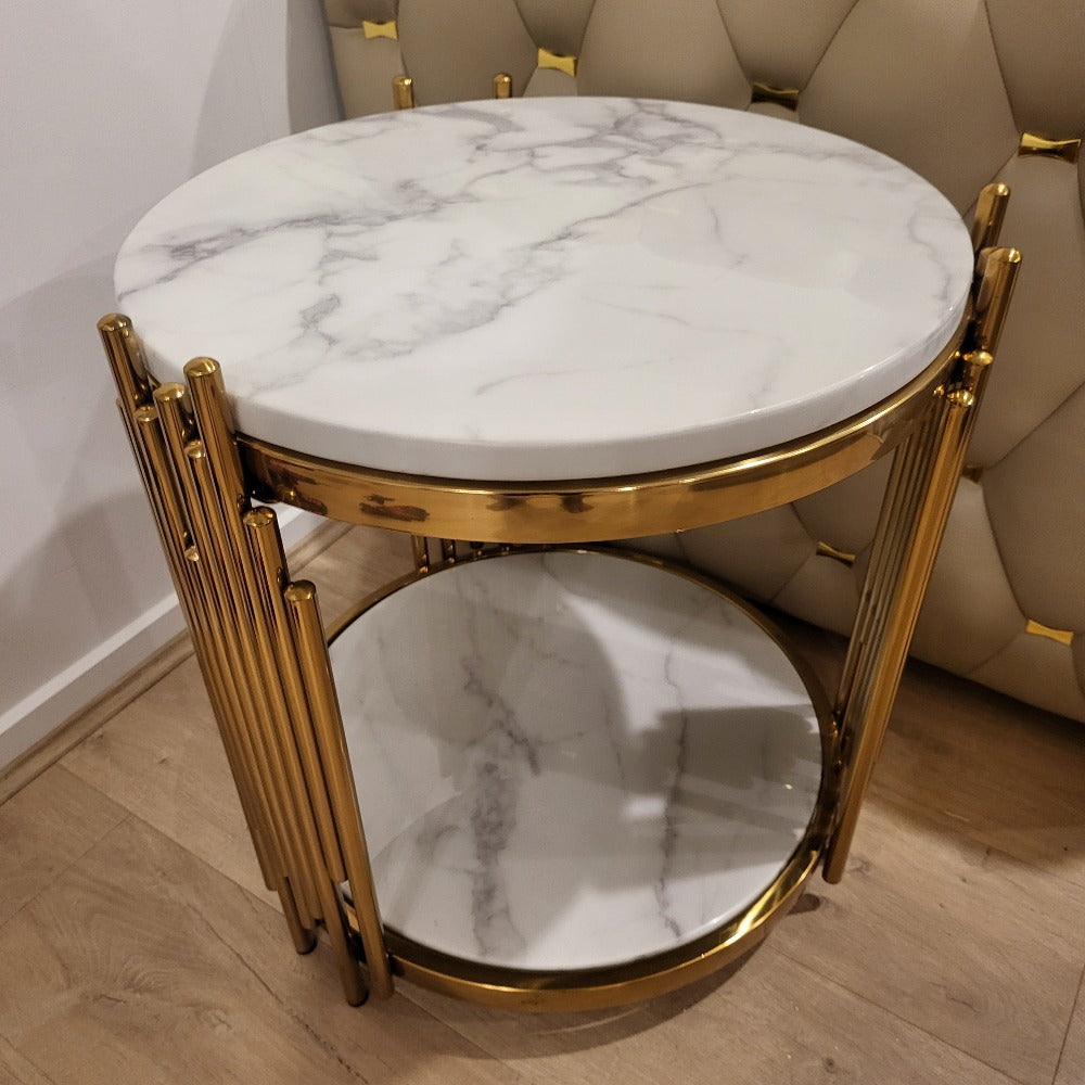 introducing a Stylish and Elegant Marble Top End Table with Gold Stainless Steel Frame