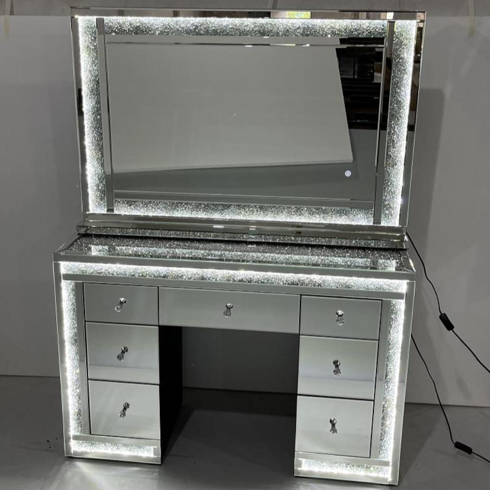Silver Modern Classy Vanity Dressing Table and Mirror With Led Lights and Diamond Crushed Glass