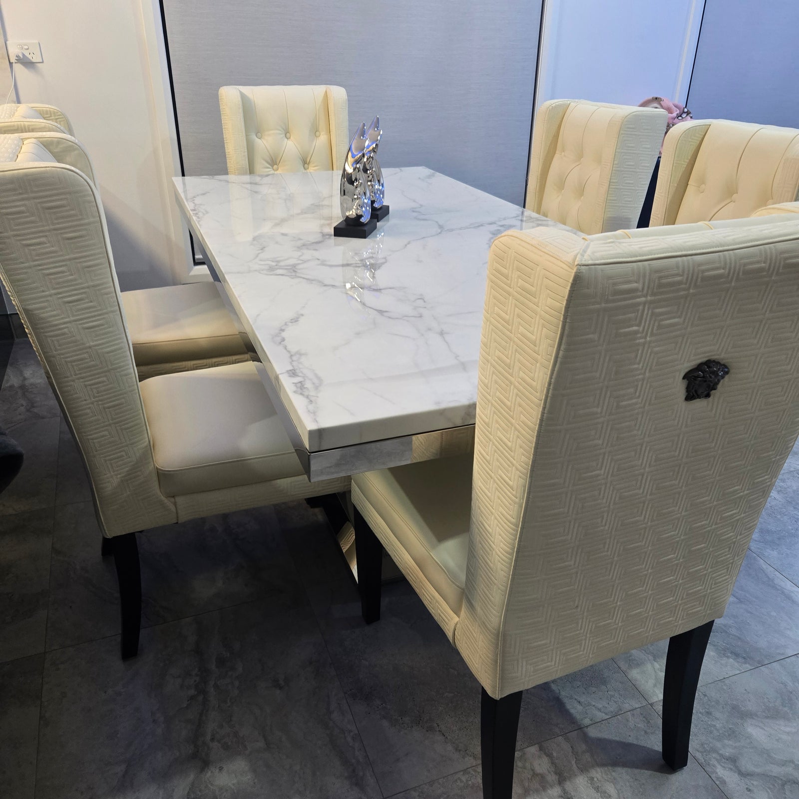 Classic Marble-Top Dining Table with six chairs