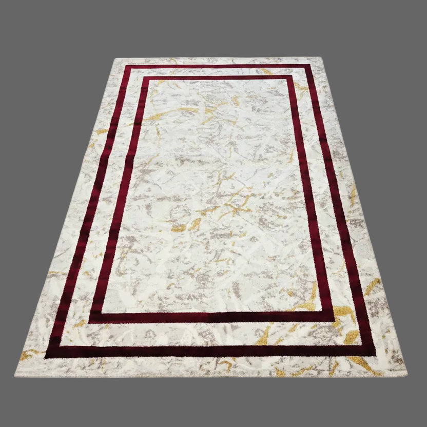 Decorative rug with a floral pattern and red border on a white background