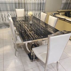 Luxurious and Stylish Elegant Marble Dining table with 6 Gold Adrian Dining Room Chairs in Silver Stainless Steel Frame