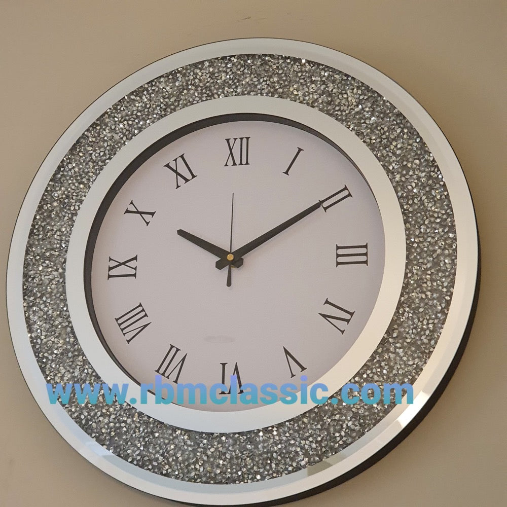 Diamond Crushed Glass Mirrored Silent Wall Clock in Silver