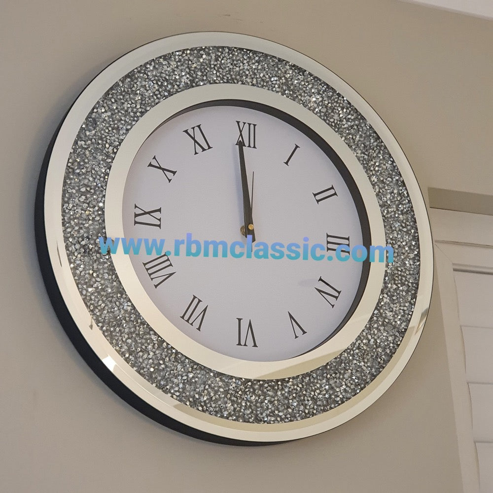 Diamond Crushed Glass Mirrored Silent Wall Clock in Silver