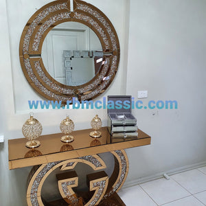 Rose Gold Diamond Crushed GG Mirrored Console Table and Mirror