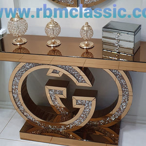GG Shaped Diamond Crushed Glass Hallway Console Table in Rose Gold