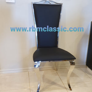 Classic Marble Dining Table with 6 Black Leather Dining Room Chairs in Silver Stainless Steel frame