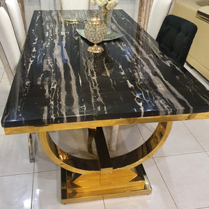 Classic Marble Dining Table with 8 Dining Room Chairs in Gold Stainless Steel frame