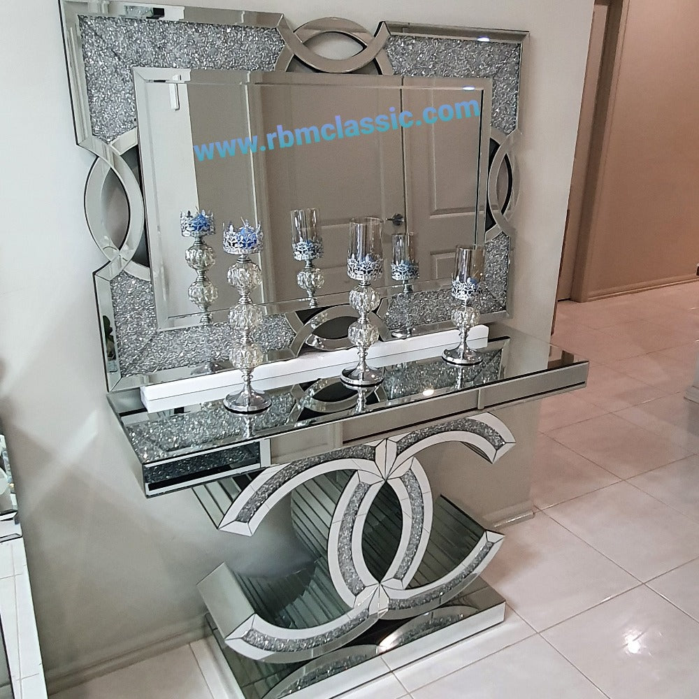 Classy Silver Chanel Style Hallway Console Table and Mirror with Diamond Crushed Glass