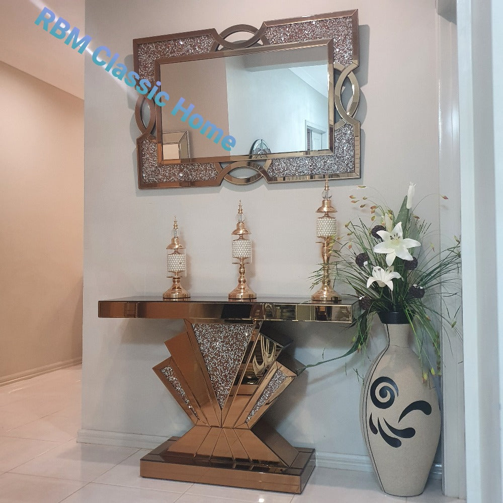 T-Shaped Luxury and Stylish Glass Mirror Console Table and Mirror in Rose Gold with Crushed Diamond Glass