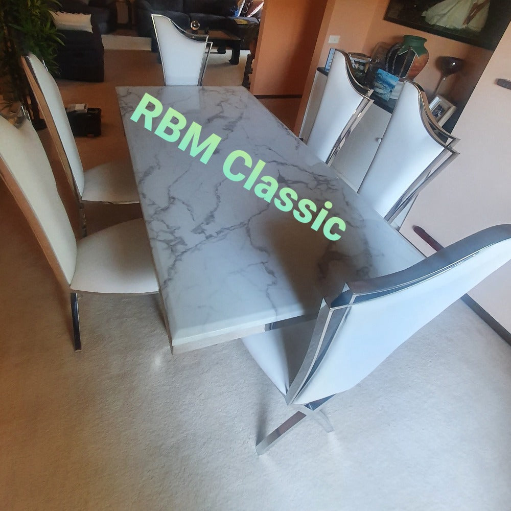 Marble Dining table and 6 stainless steel Chairs
