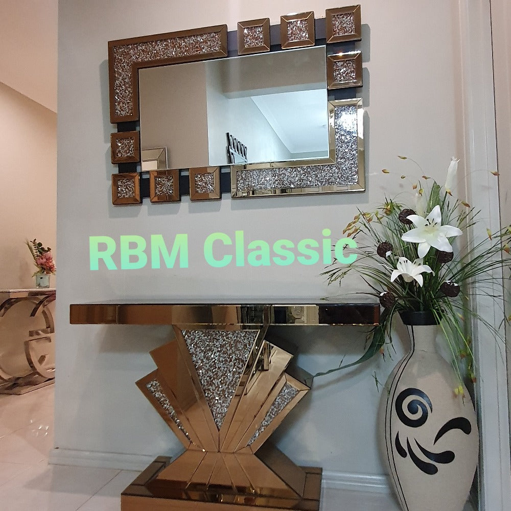 Diamond Crushed Mirrored Glass Hallway / Entry Console Table and Mirror Rose Gold