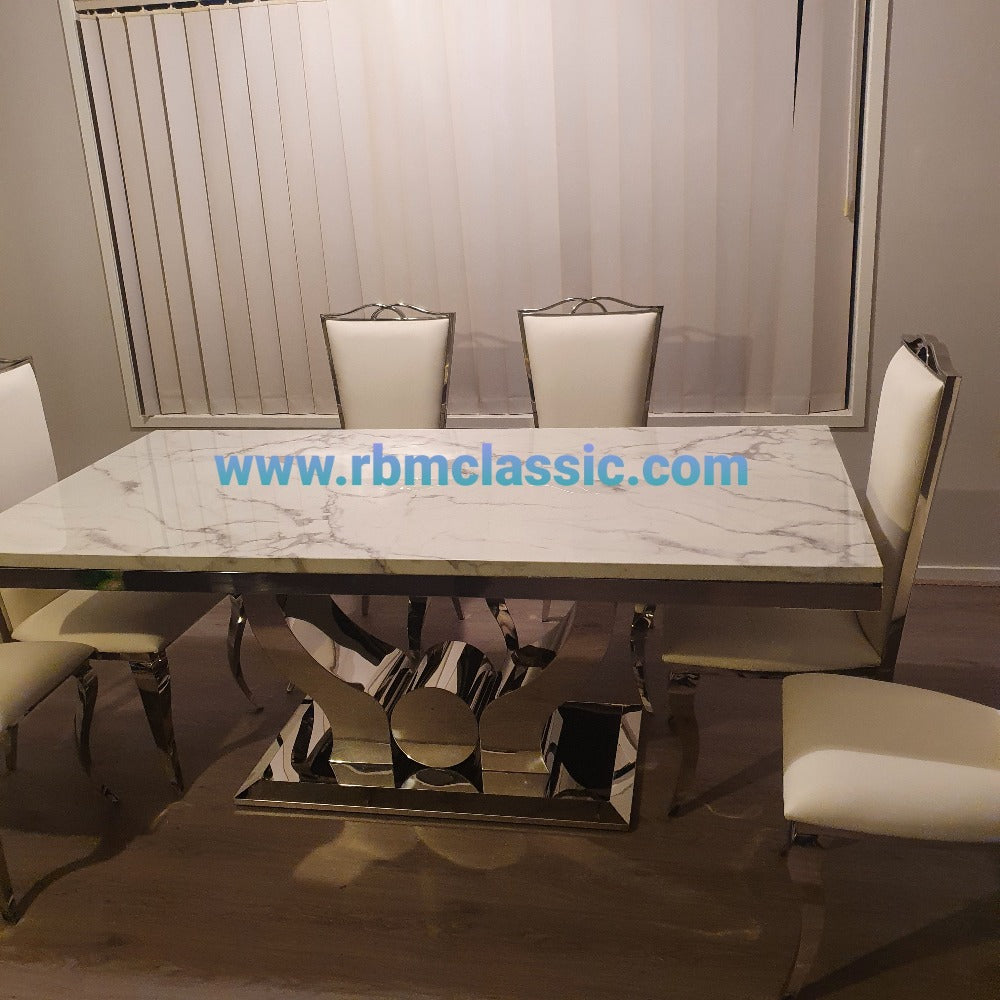 Marble Dining Table in Silver Stainless steel frame