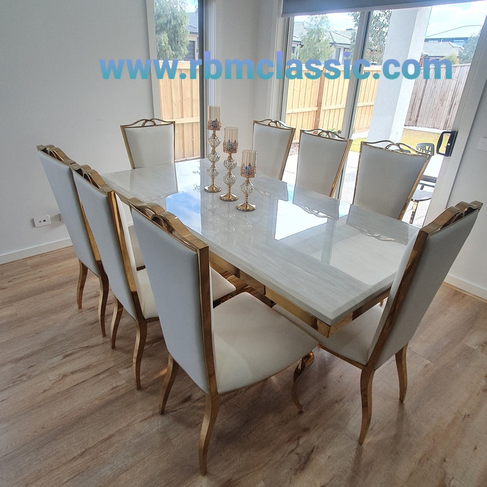 Marble Dining Table with 8 Dining Room Chairs in Gold Stainless Steel frame