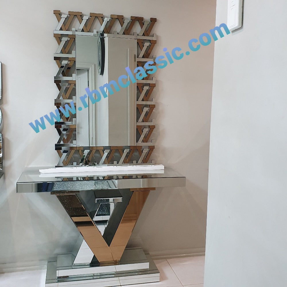 Mirrored Glass LV Hallway Console Table and Mirror