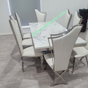Marble Dining Table with 8 Classy Velvet Dining Room Chairs in Silver Stainless Steel frame