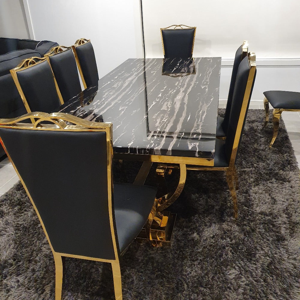 Marble Dining Table with 8 Dining Room Chairs in Gold Stainless Steel frame