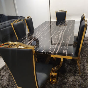 Modern Classic Marble Dining Table With Black Leather Dining Room Chairs in Gold Stainless Steel Frame