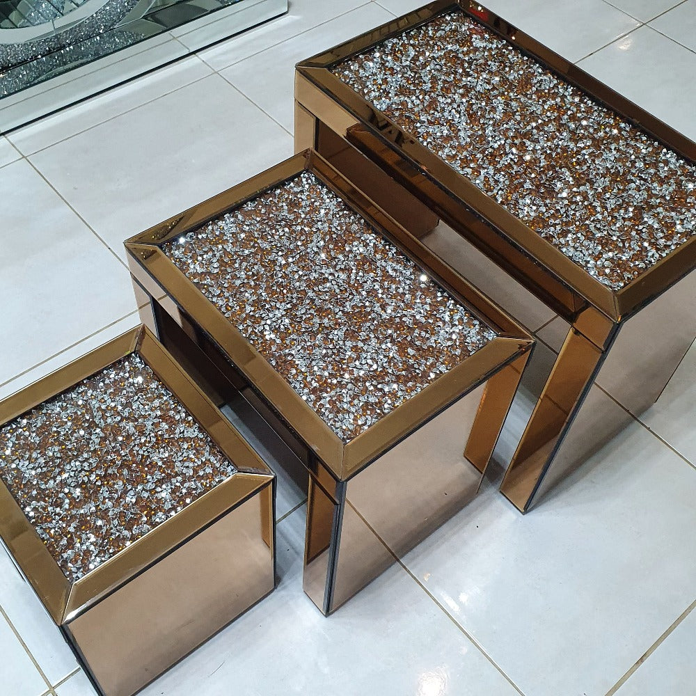 Classy Rose Gold Diamond Crushed Glass Nested Side Tables in set of 3