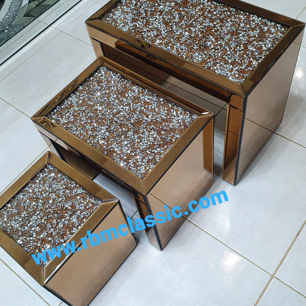 Mirrored Rose Gold Diamond Crushed Glass Nested Side Tables in set of 3