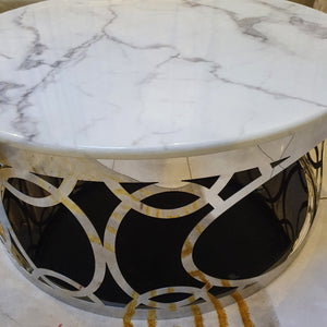 Classy Round White Grey Marble Coffee Marble coffee Table with Silver Stainless Steel Frame