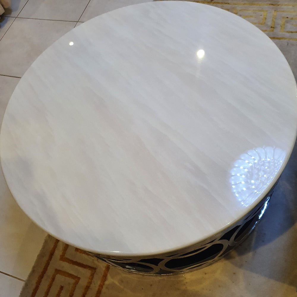 Classy Round Cream Marble Coffee Marble coffee Table with Silver Stainless Steel Frame