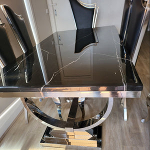 Classic Marble Dining Table and Classy Black Velvet Dining Room Chairs with Silver Stainless Steel frame