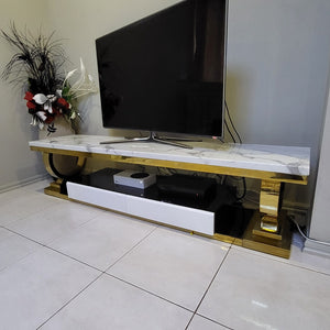 Modern TV Stand with 2 Drawers in Gold Stainless Steel Frame