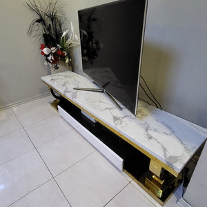 White Grey Marble Modern TV Stand with 2 Drawers in Gold Stainless Steel Frame