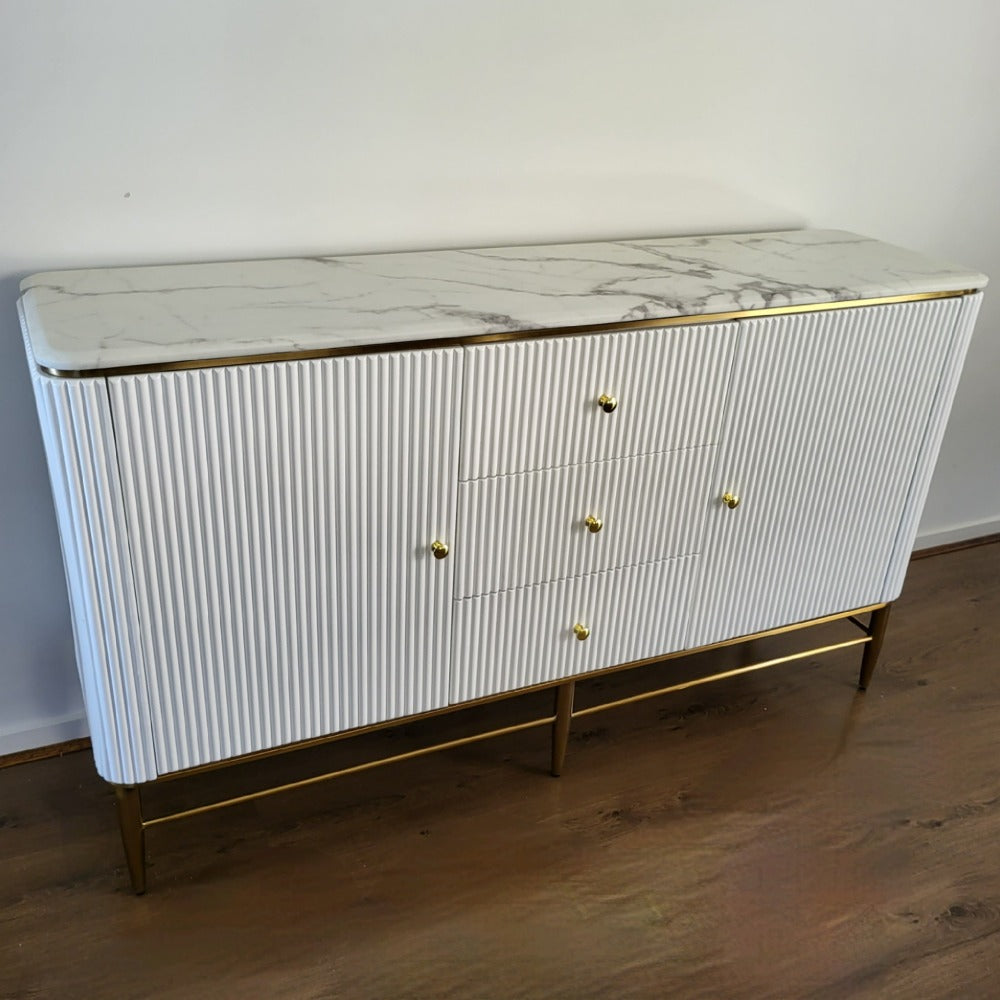 Buffet Cabinet in Bronze Storage Dining Room Buffet Cabinet with 2 shelves and 3 Drawers in White MDF and Bronze
