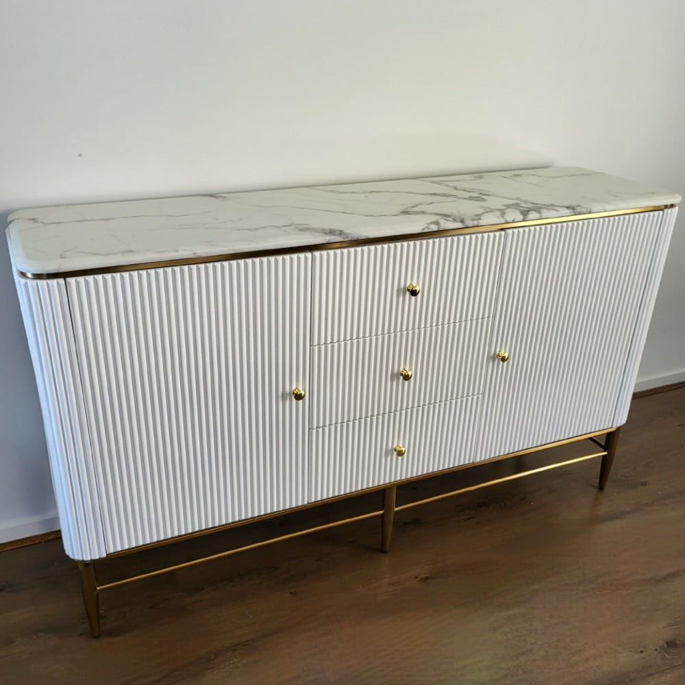 Classy Modern Buffet Cabinet in Bronze Storage Dining Room Buffet Cabinet with 2 shelves and 3 Drawers in White MDF and Bronze