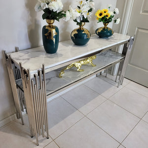 Elegant Marble Hallway Console with Stainless Steel Frame in Silver