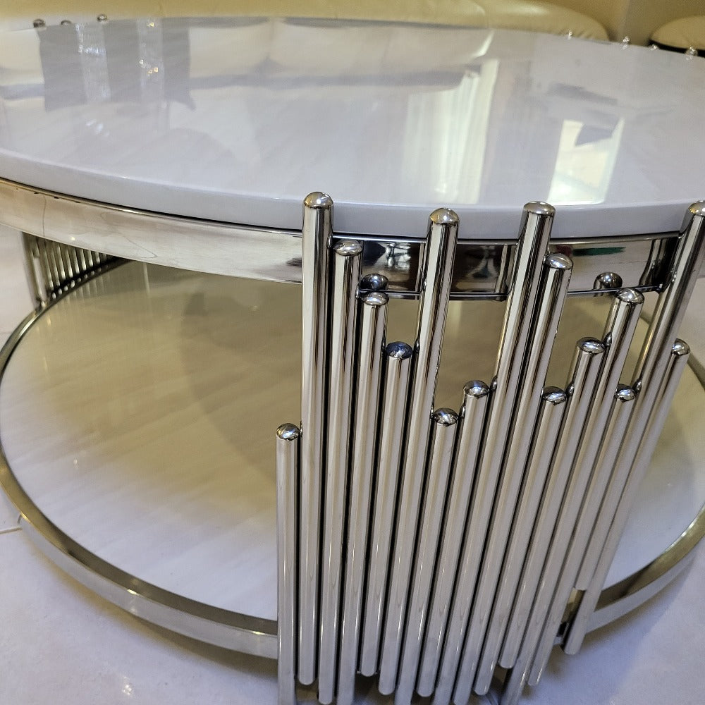 Elegant Round Black Marble Coffee Marble coffee Table with Silver Stainless Steel Frame