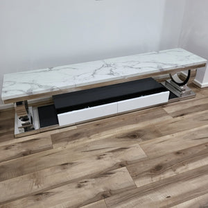 Modern Marble TV Stand with 2 Drawers in Silver Stainless Steel frame