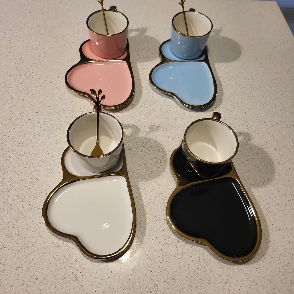 Golden Trim Modern Love Style Tea Cup, a Saucer and Gold Spoon