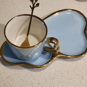 Golden Trim Modern Love Style Tea Cup, a Saucer and Gold Spoon Opal