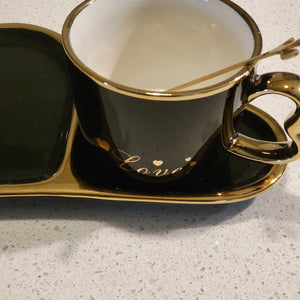 Golden Trim Modern Love Style Tea Cup, a Saucer and Gold Spoon Black