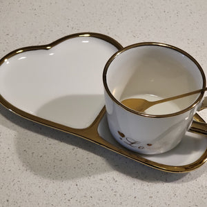 White Golden Trim Modern Love Style Tea Cup, a Saucer and Gold Spoon