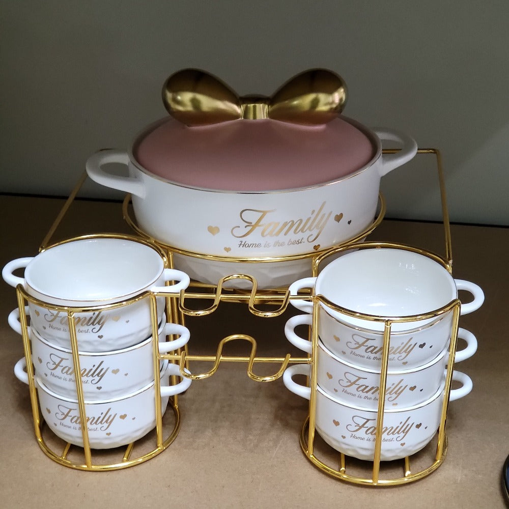 Stylish Ceramic Soup Pot and Serving Bowls in white