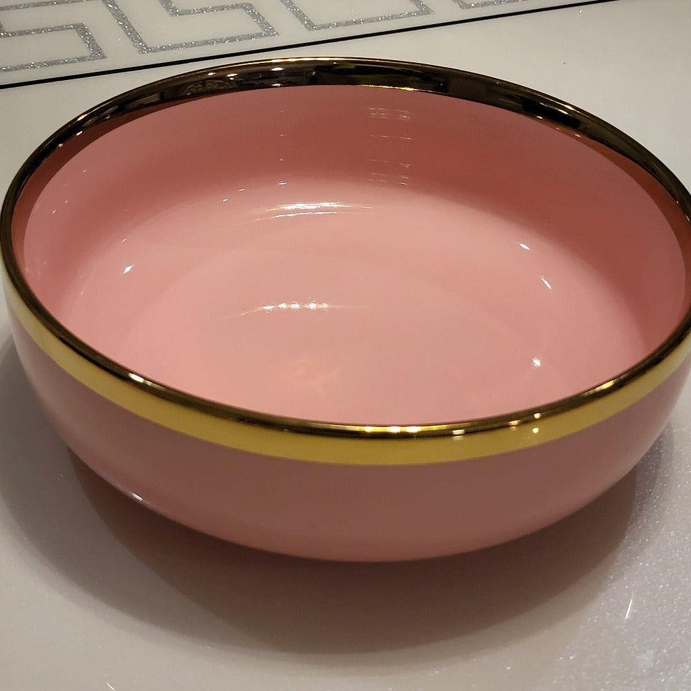 Modern, Classy and Elegant Ceramic Dinner Set with Golden Trim Line in Pink Colour Bowl