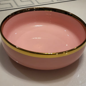 Modern, Classy and Elegant Ceramic Dinner Set with Golden Trim Line in Pink Colour Bowl