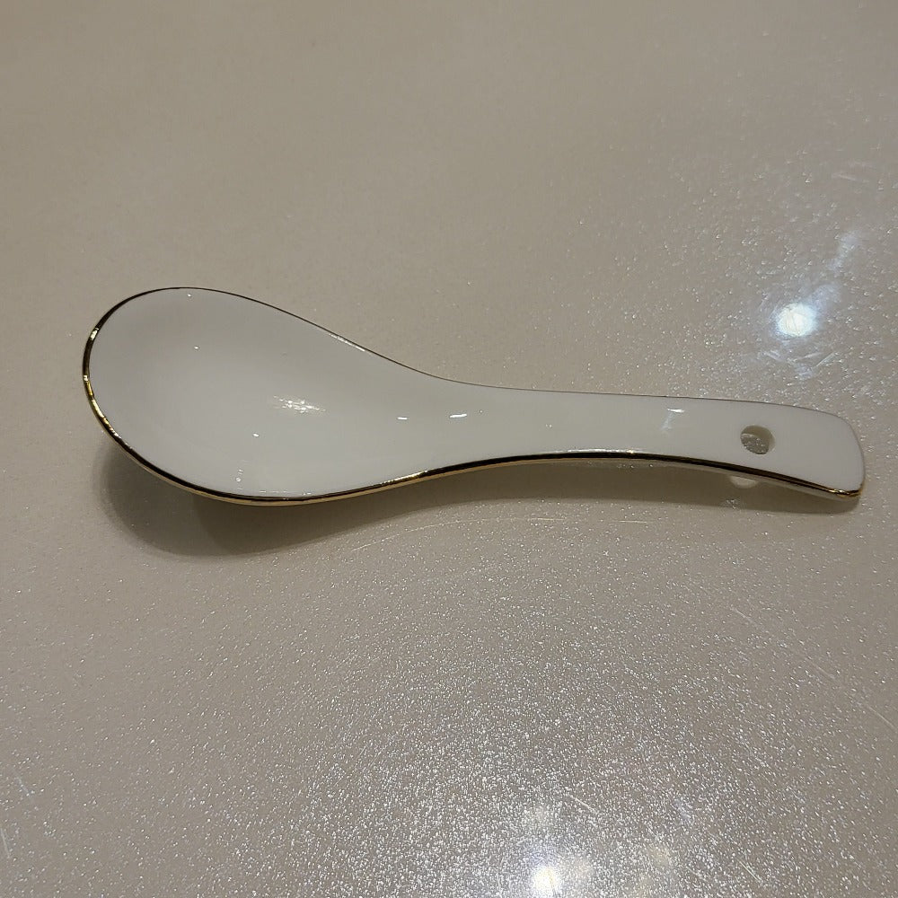 Modern, Classy and Elegant Ceramic Dinner Set with Golden Trim Line in White Colour Spoon