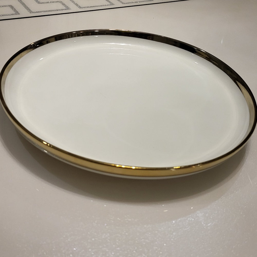Modern, Classy and Elegant Ceramic Dinner Set with Golden Trim Line in White Colour